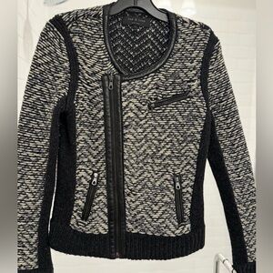 rag & bone tweed / leather trim moto jacket sweater - size S